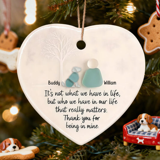 Personalized Pet & Owner Ceramic Heart Ornament With Names Thank You For Being In Mine - Unique Thank You Gift For Pet Lover