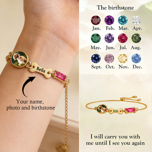 Personalized Photo & Birthstone Pet Memorial Bracelet With Engraved Name & Bone Design - Sentimental Sympathy Gift For Dog & Cat Lovers
