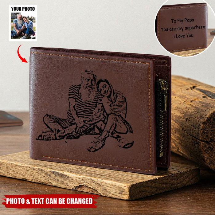Personalized Photo Trifold Zipper Engraved Wallet For Men Father's Day Gift