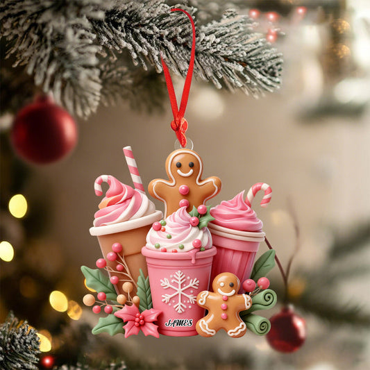 Personalized Pink Gingerbread Coffee Ornament With Name Sweet Christmas Gift For Coffee Lover Baker