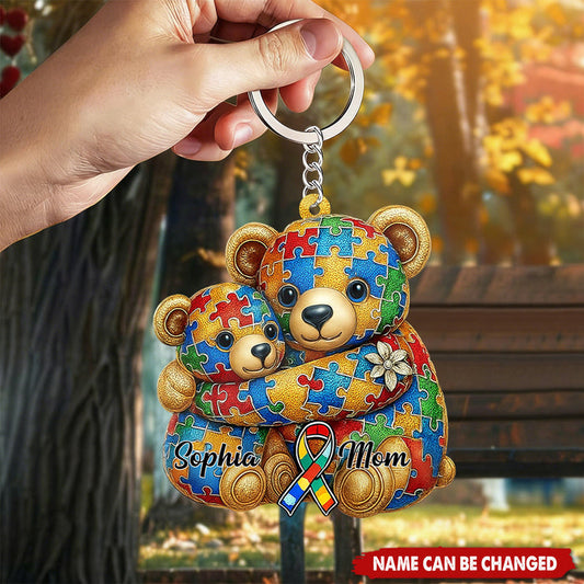 Personalized Puzzle Pattern Hugging Bears Acrylic Keychain With Names & Autism Ribbon - Heartfelt Autism Awareness Gift For Mom & Child