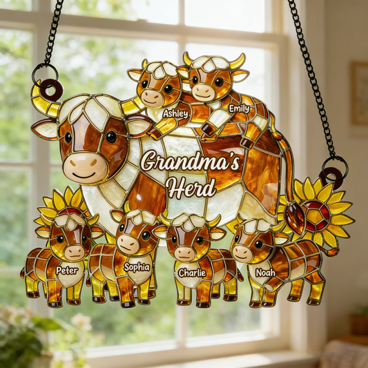 Personalized Rustic Farmhouse Cow Family Acrylic Suncatcher - Mother's Day Gift For Mom