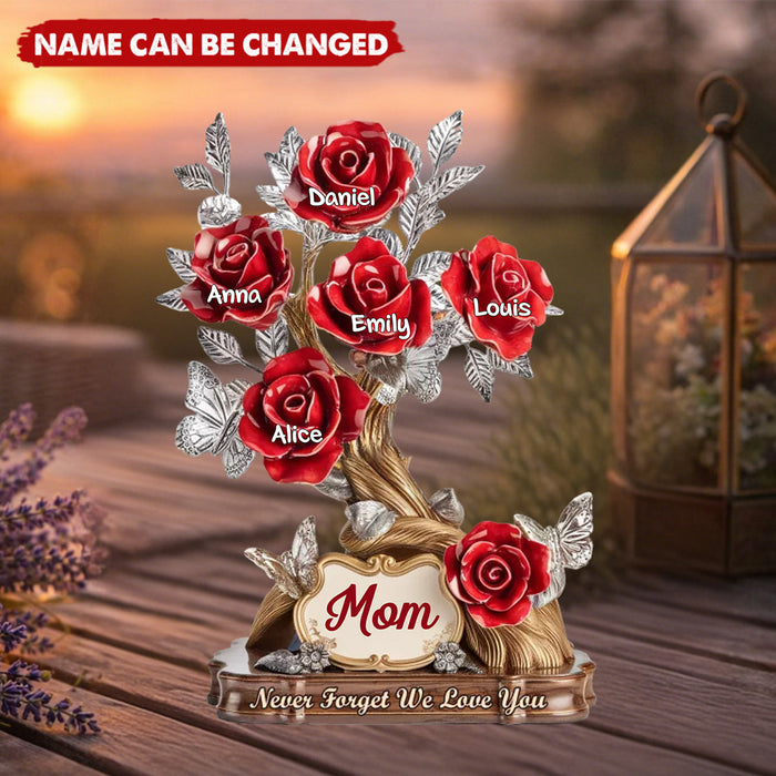 Personalized Silver Butterfly & Floral Acrylic Plaque With Kids Names & Red Roses - Birthday Mother's Day Gift For Mom Or Grandma