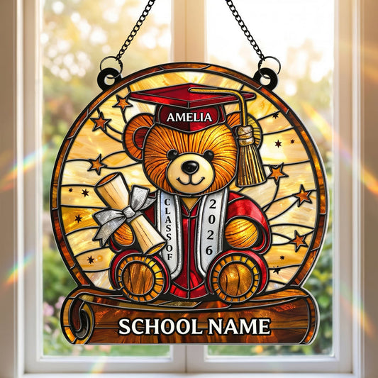 Personalized Stained Glass Style Graduation Bear Acrylic Suncatcher Ornament With Name |  Gift For A Proud Grad