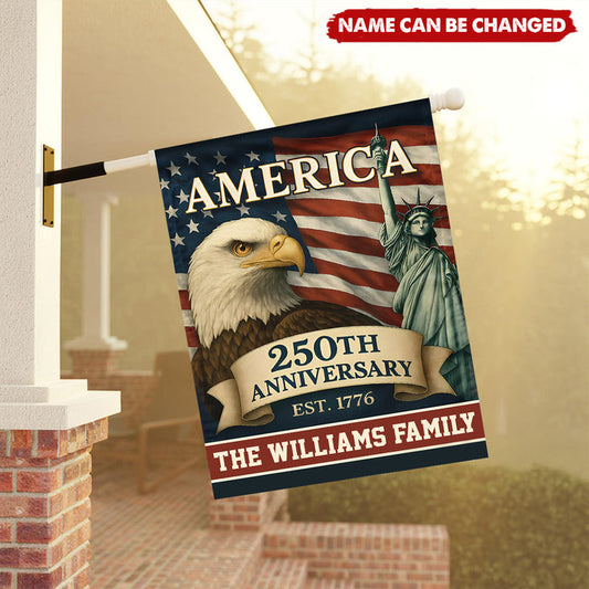Personalized U.S. 250th Anniversary Patriotic Garden Flag With Family Name & Bald Eagle - Independence Day Decor For Dad And Grandpa