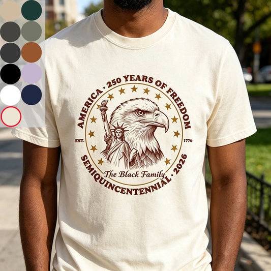 Personalized USA 250 Years Of Freedom Tee With Eagle Liberty Crest - Independence 2026 Gift For Family