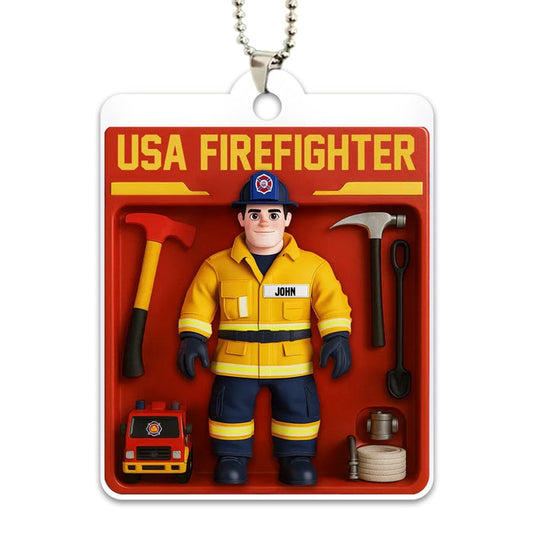 Personalized USA Firefighter Acrylic Car Ornament - Custom Figure For Firefighters