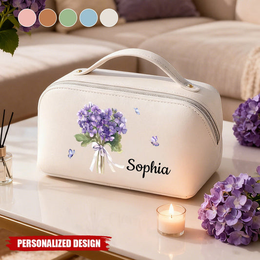 Personalized Waterproof Travel Toiletry Bag With Name & Floral Bouquet & Color | Elegant Birthday Gift For Besties & Wom