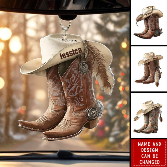 Personalized Western Boots & Hat Car Ornament With Name & Style Selection | Road Trip Accessory For Cowgirl Cowboy