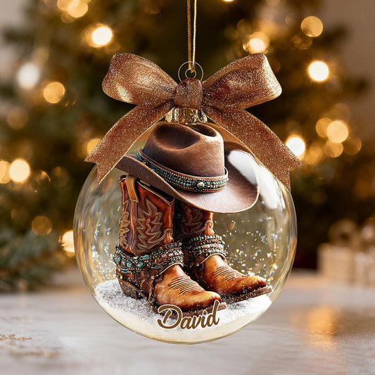 Personalized Western Style Brown Cowboy Boots Ornament With Name Hat & Bow Western Cowboy Passion Gifts For Him Her