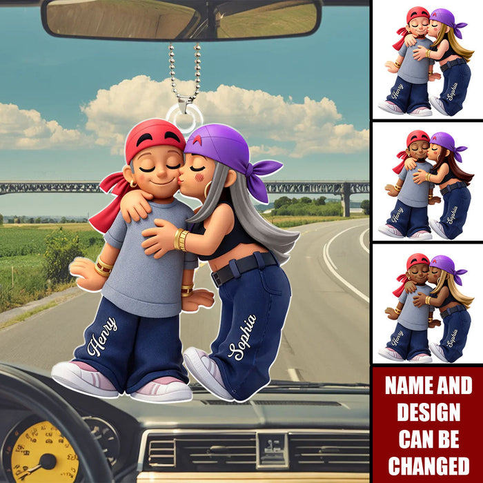 Personalized Y2K Aesthetic Kissing Car Ornament With Names & Icons | Unique Valentine's Day Anniversary Gift For Couple Soulmates