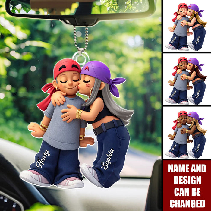 Personalized Y2K Aesthetic Kissing Car Ornament With Names & Icons | Unique Valentine's Day Anniversary Gift For Couple Soulmates