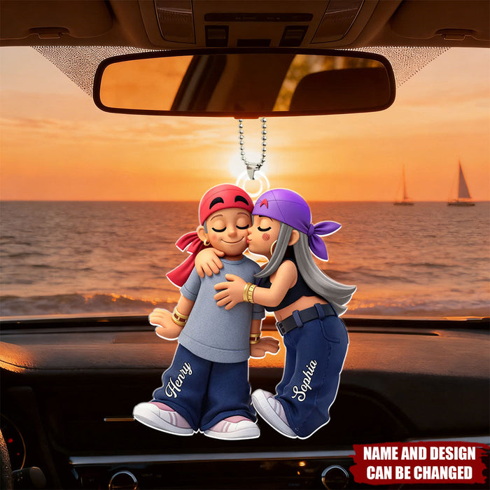 Personalized Y2K Aesthetic Kissing Car Ornament With Names & Icons | Unique Valentine's Day Anniversary Gift For Couple Soulmates