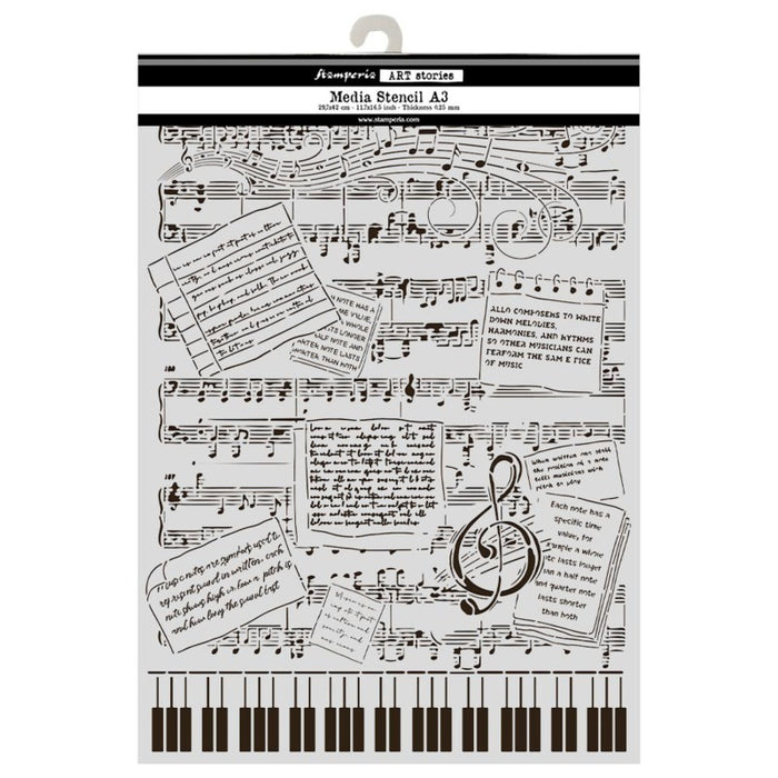 Stamperia - Stencil - Symphony - Music. By Sara Alcobendas. Available at Embellish Away located in Bowmanville Ontario Canada.