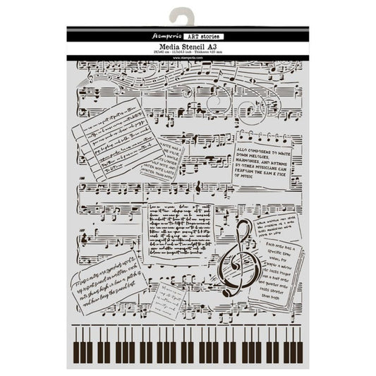 Stamperia - Stencil - Symphony - Music. By Sara Alcobendas. Available at Embellish Away located in Bowmanville Ontario Canada.