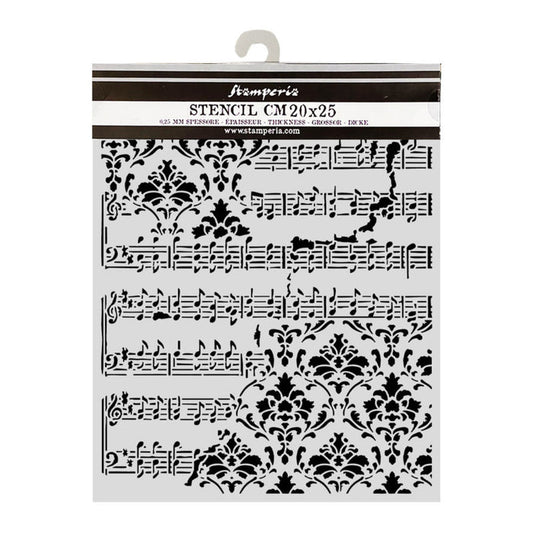 Stamperia - Stencil - Symphony - Score and Frize. By Sara Alcobendas. Available at Embellish Away located in Bowmanville Ontario Canada.
